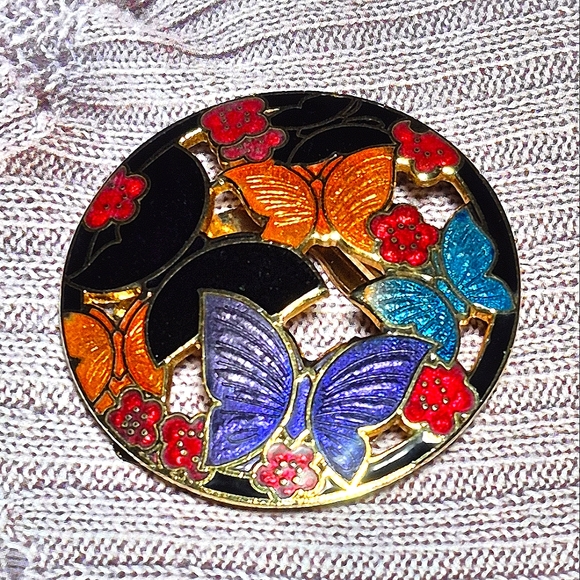 Vintage Floral & Butterflies Cloisonne Enamel Scarf Clip - Picture 3 of 5